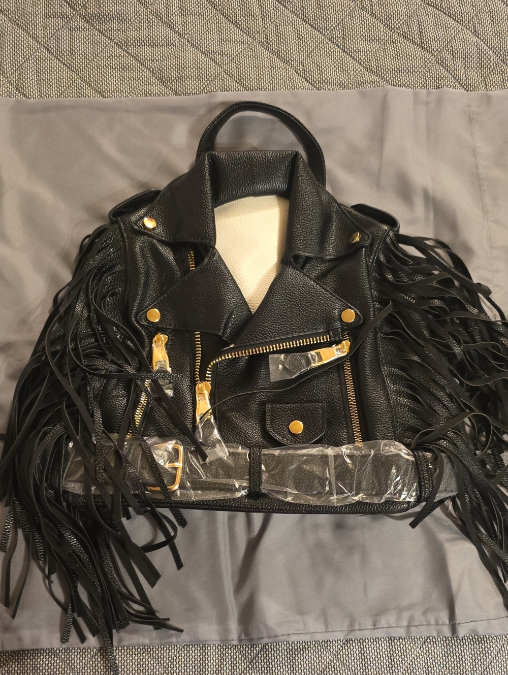 Black Fringe Faux Leather Backpack with Gold Hardware